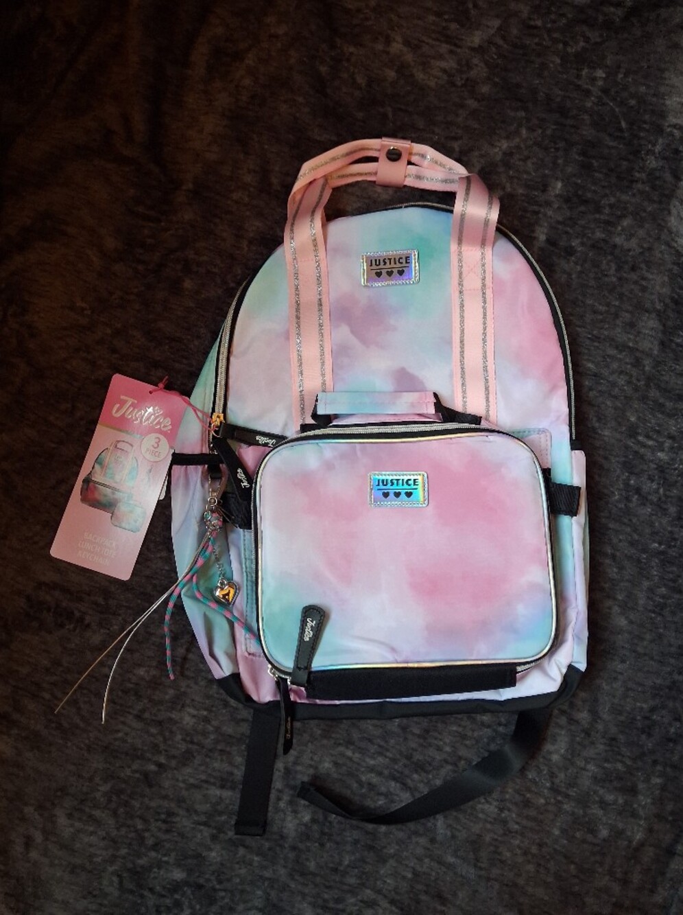 NWT Justice 3pc Set Backpack Lunch Tote Keychain Pink, Blue, Tie Dye